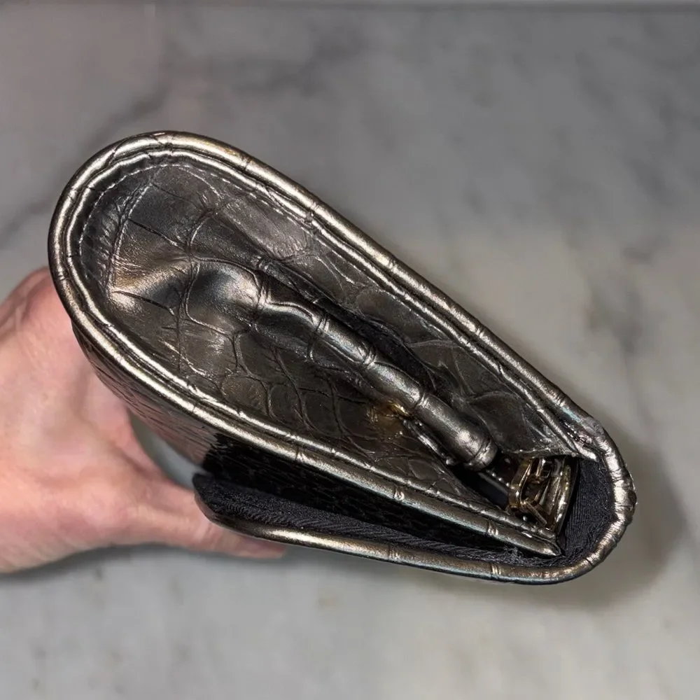 Ann Taylor LOFT purse silver metallic crocodile-embossed envelope clutch bag